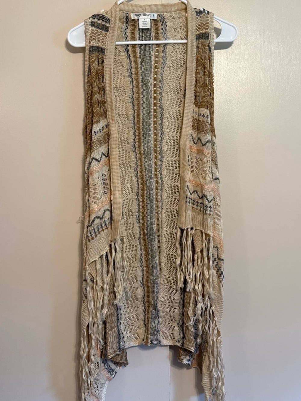 Say What? Beige Crochet Fringe Full Length Vest Cover Up Size Small